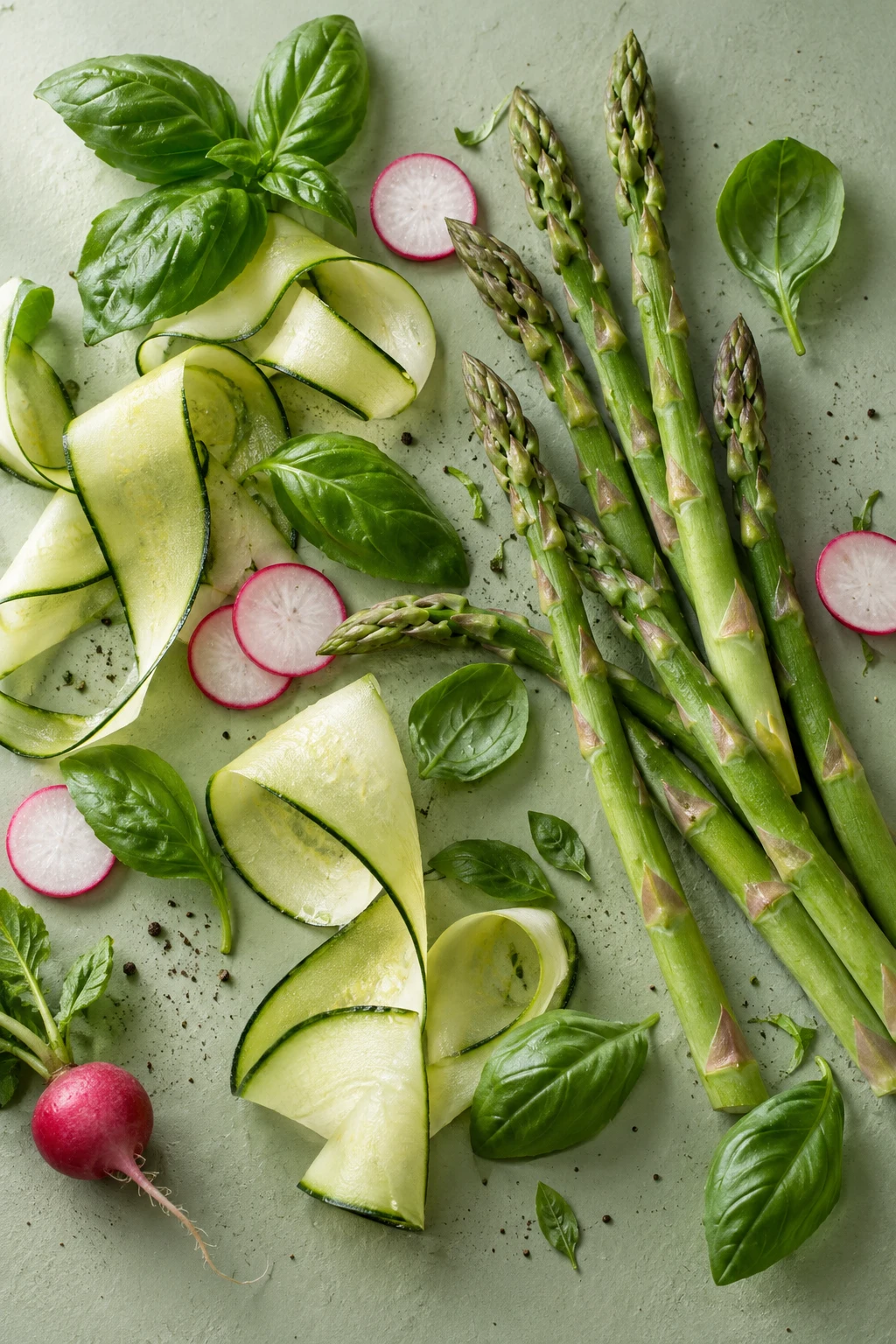 Fresh asparagus, courgette ribbons, basil and radishes